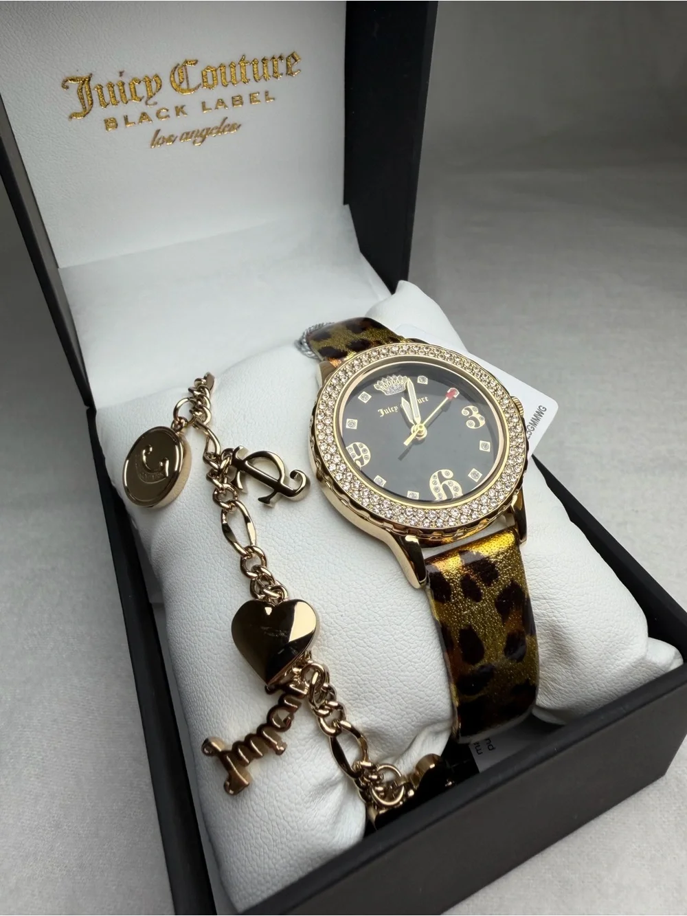 NIB Juicy Couture Black Label Swarovski Crystal Leopard Watch Charm Bracelet Set